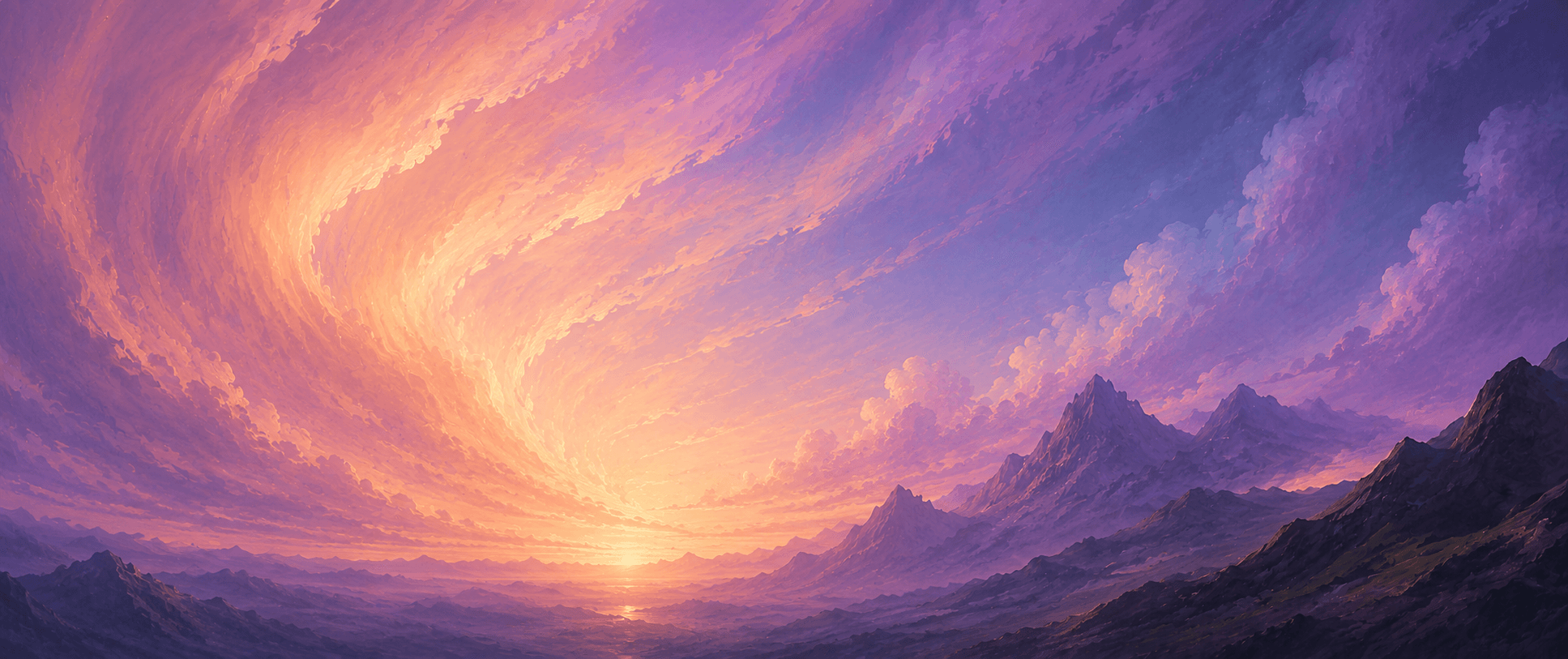 A wide sunset over mountains — low gold light on the horizon under swept pink and violet clouds.